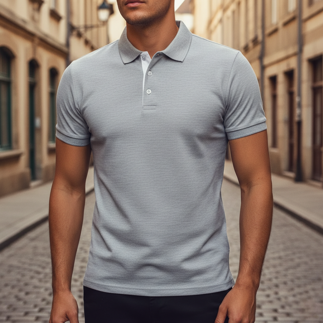 Breathable fabric texture of a men's classic short sleeve polo shirt, soft for adult men's comfortable wear.