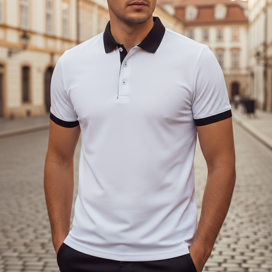 Timeless men's classic short sleeve polo shirt, solid. Short sleeve, button-up, essential for adult men's fashion.