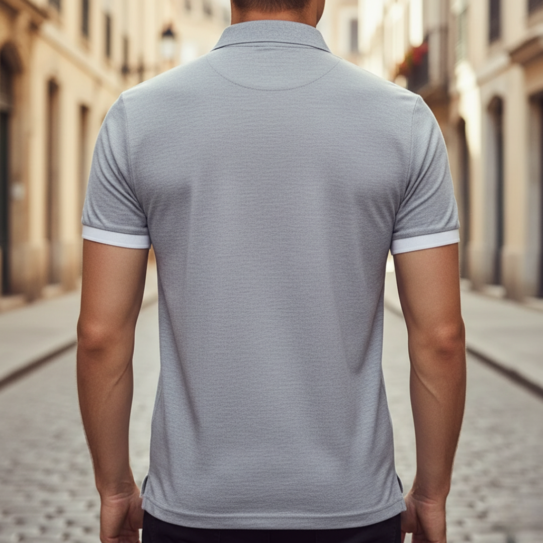 Close-up of breathable men's short sleeve polo shirt. Classic button placket, perfect for casual adult men.