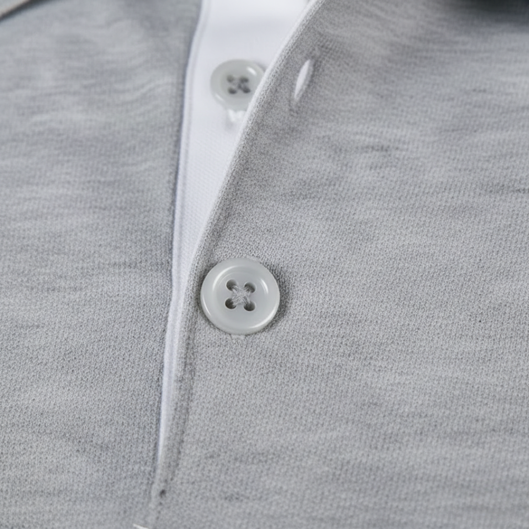 Back view of a solid color men's classic short sleeve polo shirt. Comfortable for everyday wear & adult men's fashion.