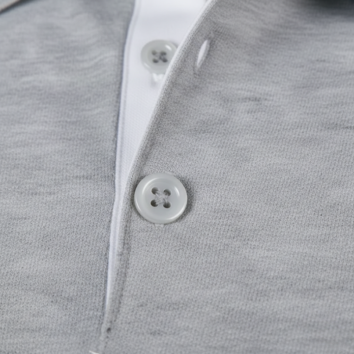 Back view of a solid color men's classic short sleeve polo shirt. Comfortable for everyday wear & adult men's fashion.