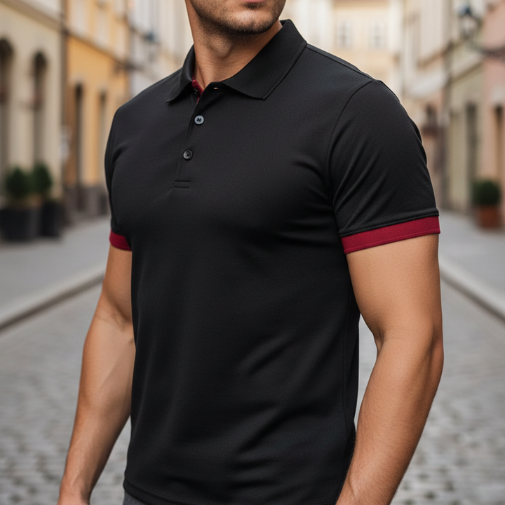 Side profile of men's short sleeve polo shirt. Classic style, breathable fabric, great for casual men's fashion.