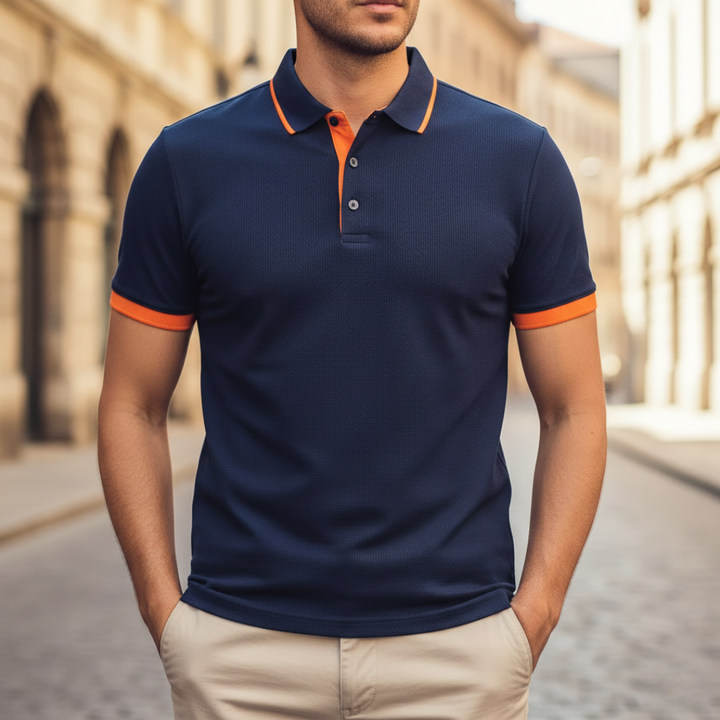 Detail of the button placket on a men's classic short sleeve polo shirt, solid color, enhancing casual appeal.