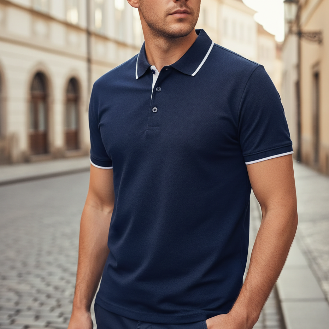 Classic pointed collar of a men's short sleeve polo shirt, solid color, buttoned for a crisp, stylish look.