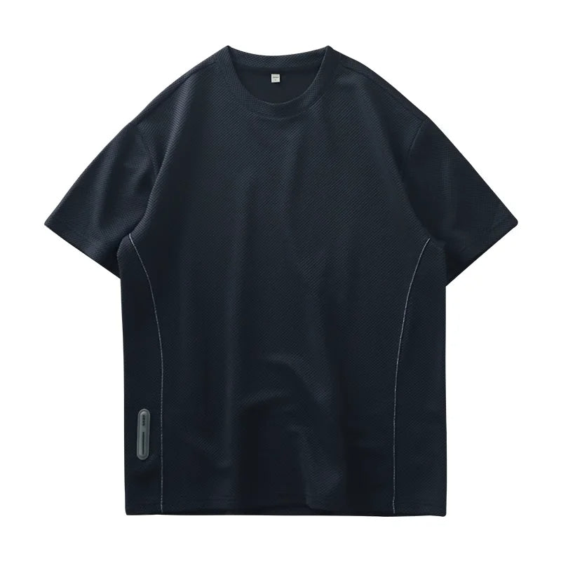 Close-up of a men's crew neck waffle knit t-shirt, showcasing the unique textured fabric detail.
