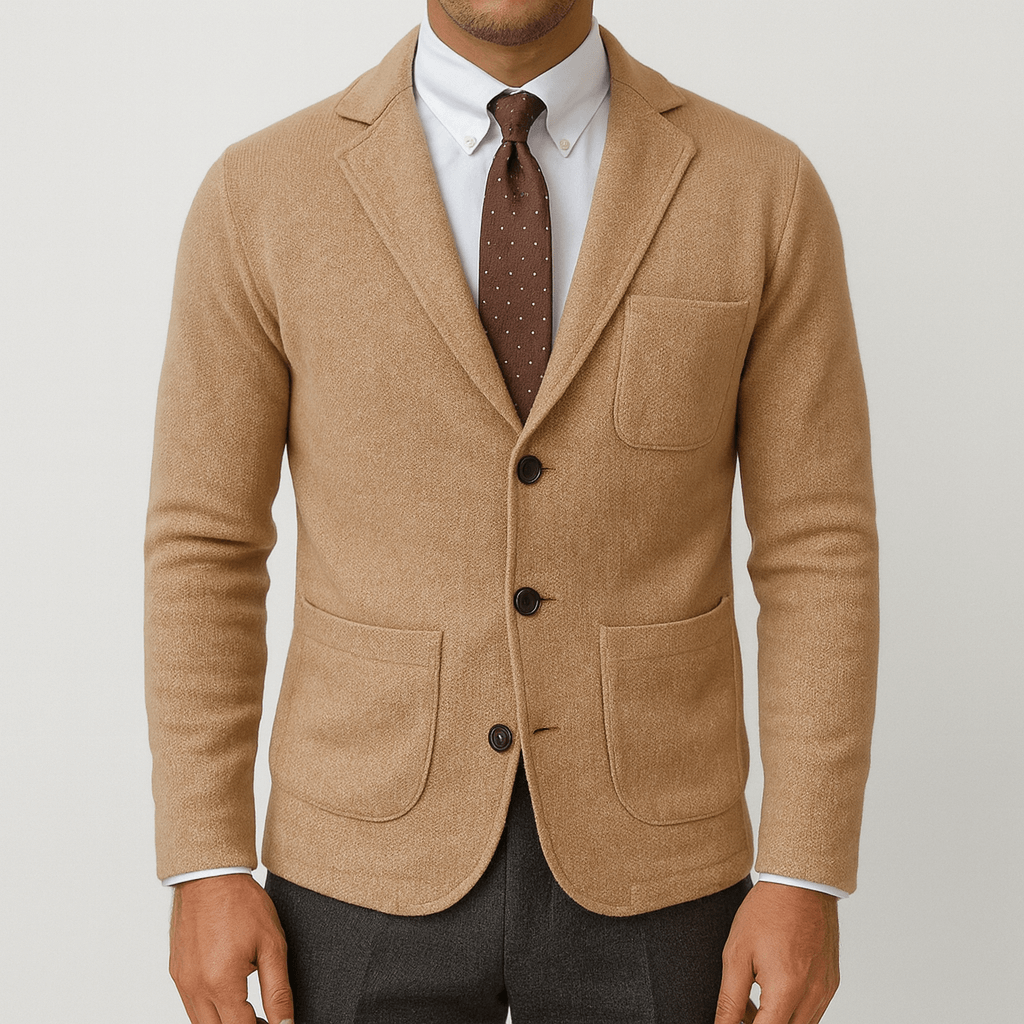 Men's classic single-breasted blazer in navy, tailored for a sharp, stylish look.