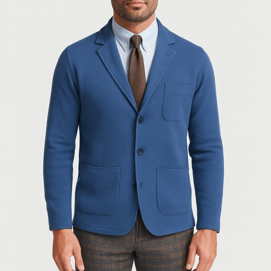 Smart men's classic single-breasted blazer with sharp lapels, suitable for any occasion.