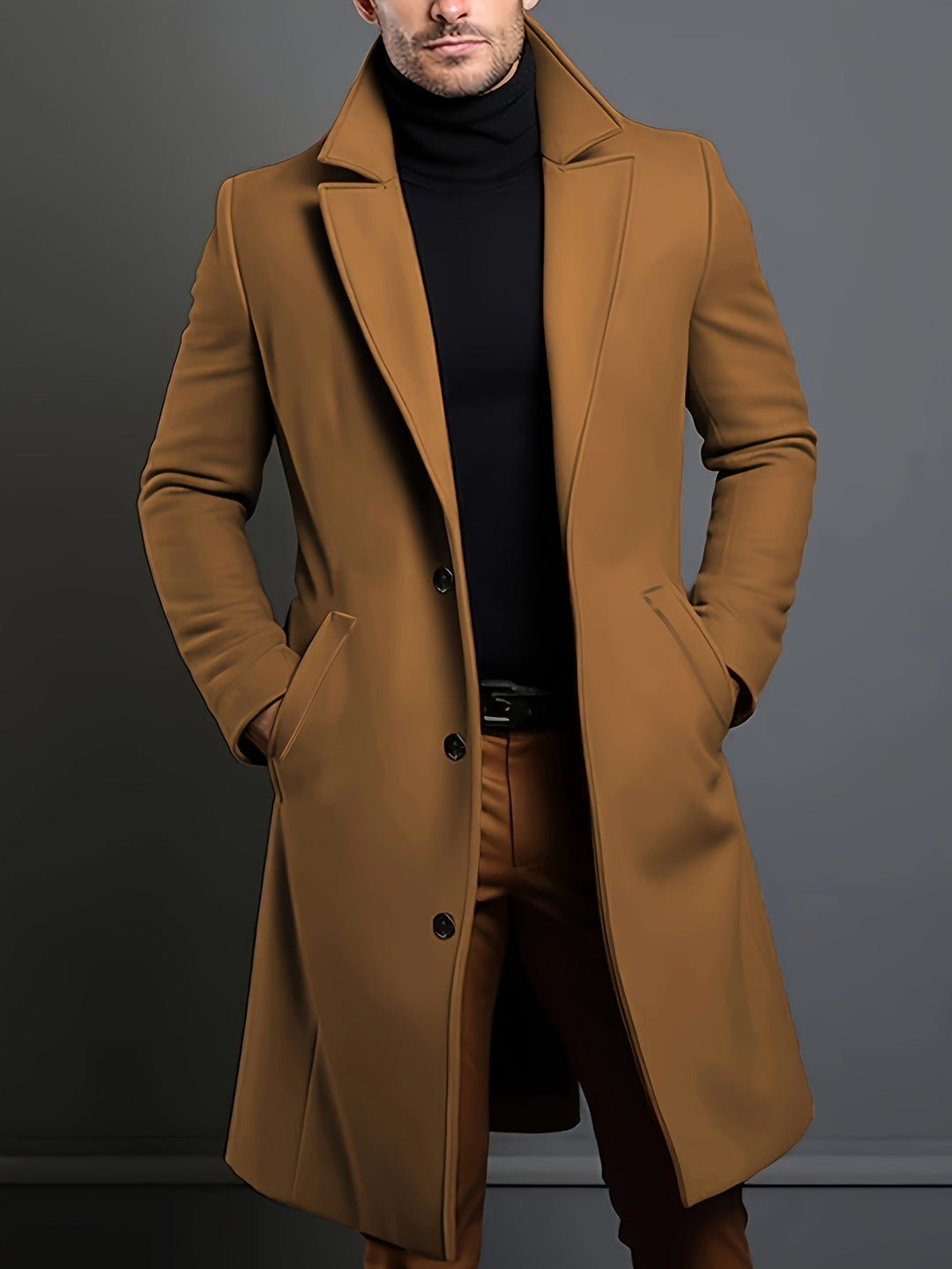 Men's Classic Single-Breasted Lapel Overcoat by Russell. Elegant long winter coat for business attire and fall fashion.