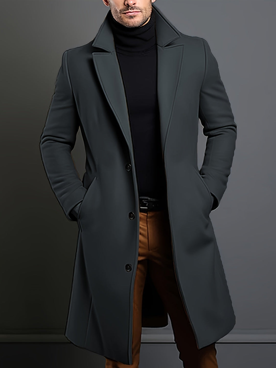 Back view of a men's classic single-breasted lapel overcoat. Long, elegant outerwear for fall and winter fashion.