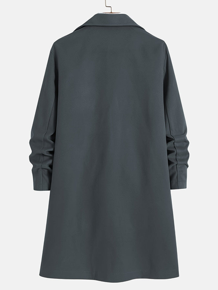 Classic men's single-breasted lapel overcoat, perfect for business attire or casual wear. Elegant long winter coat.