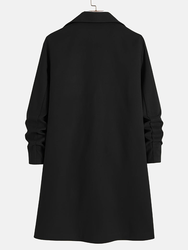 Dark gray men's classic single-breasted overcoat. Stylish long lapel coat, ideal fall jacket and winter outerwear.