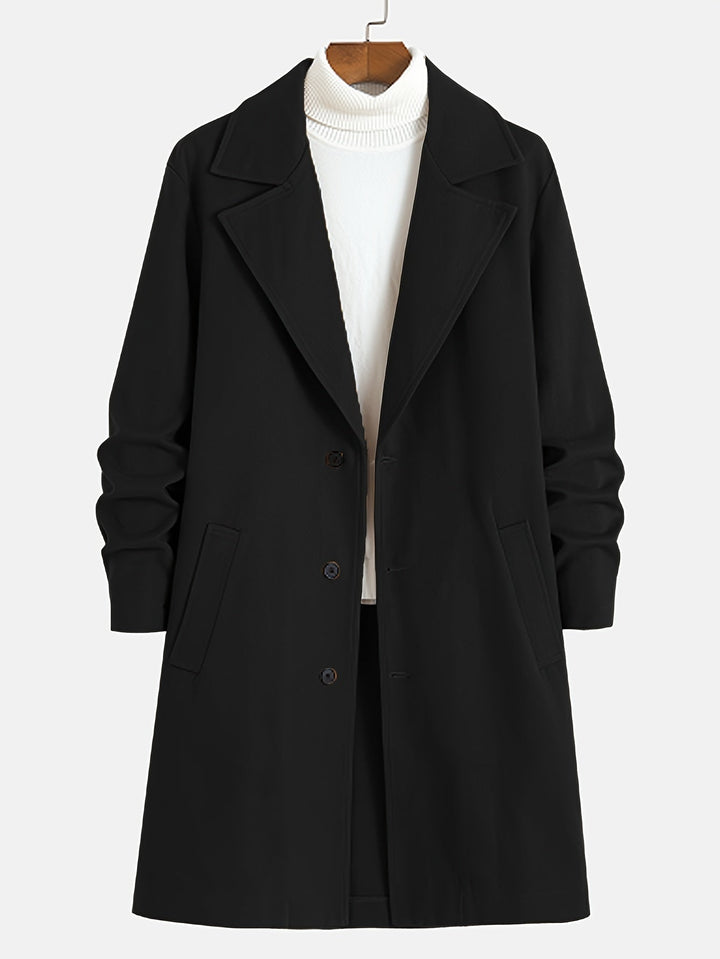 Close-up of a men's classic Russell single-breasted overcoat fabric. Elegant long lapel coat for winter & fall outerwear.