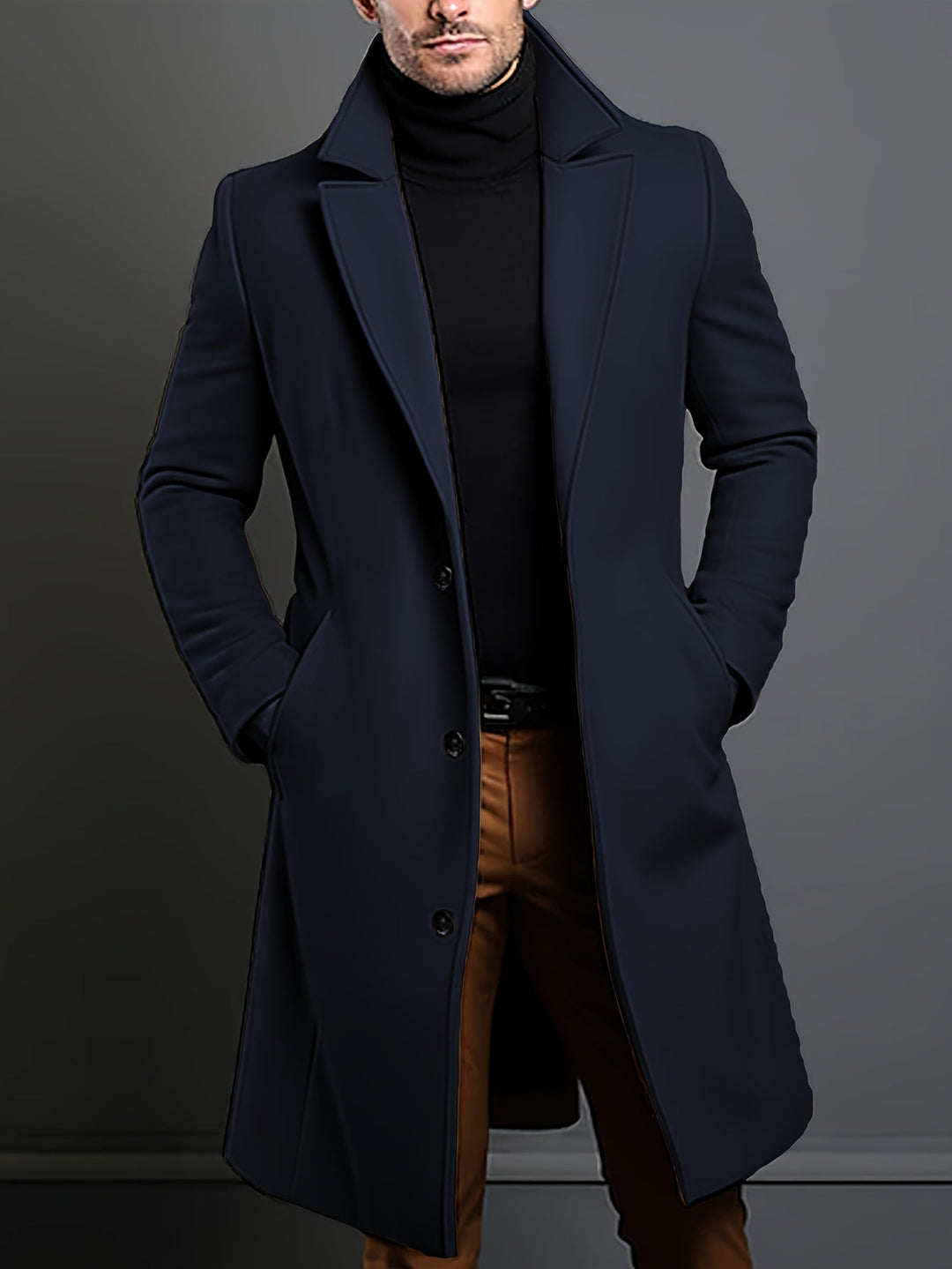 Navy blue men's classic single-breasted overcoat. Versatile long lapel coat for business and casual winter fashion.