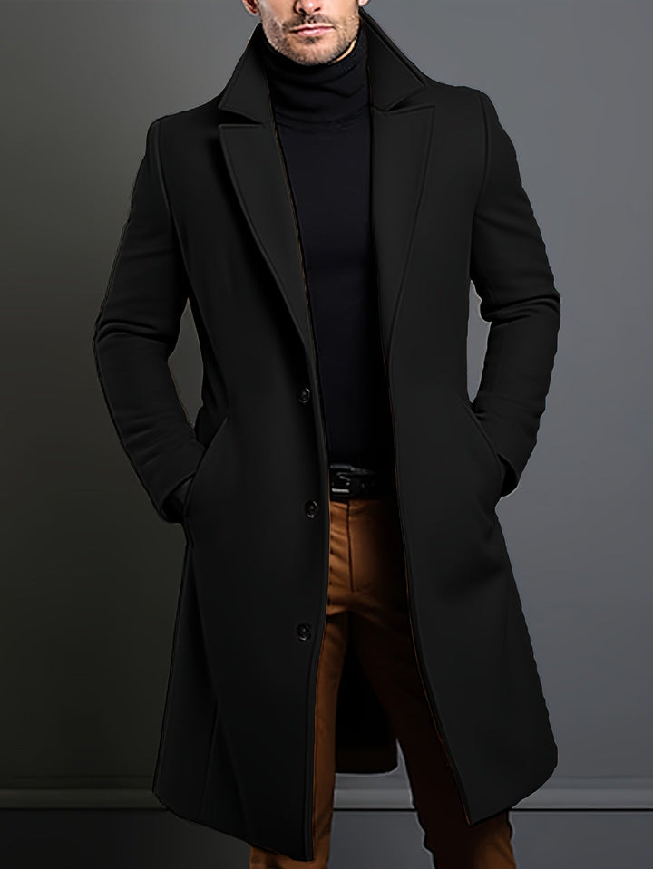 Russell men's classic single-breasted overcoat. A versatile long lapel coat, ideal for business attire or casual winter style.