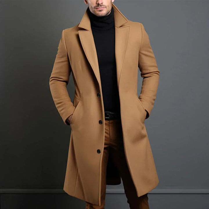 Men's classic single-breasted overcoat, perfect for formal wear & elegant business casual outfits. Tailored trench coat.