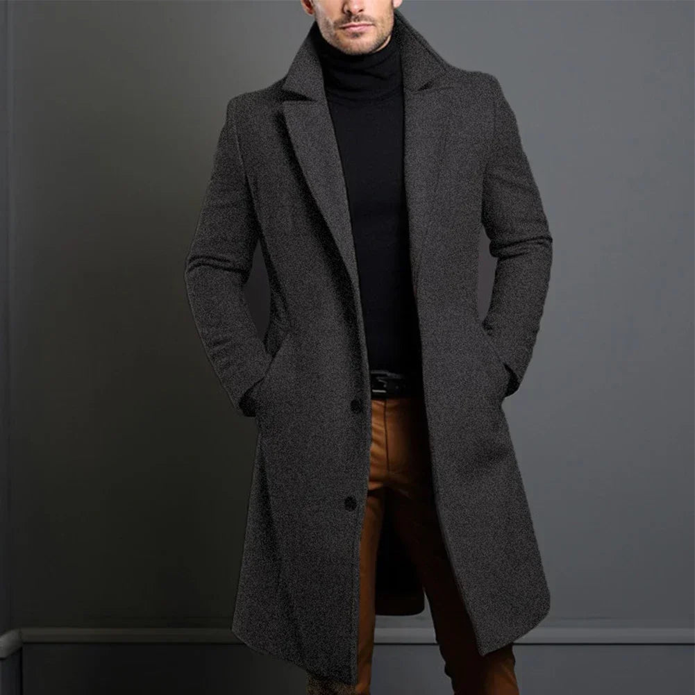 Stylish men's classic overcoat with single-breasted design, ideal for formal elegance & business outerwear. Tailored look.