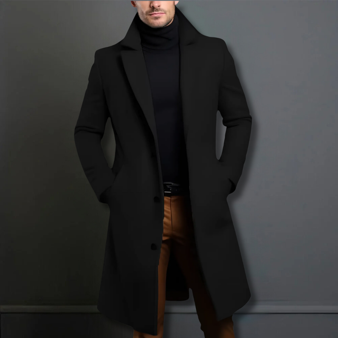 Men's classic formal overcoat, single-breasted trench coat for elegant style, suitable for business & sophisticated outerwear.
