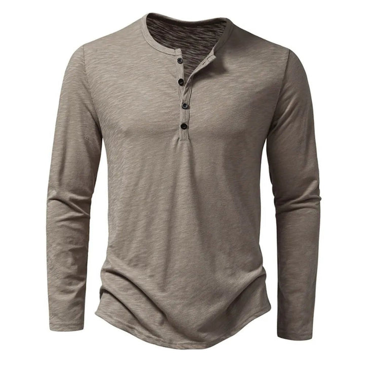 Men's classic slim fit long sleeve Henley shirt in beige, perfect for everyday casual style.