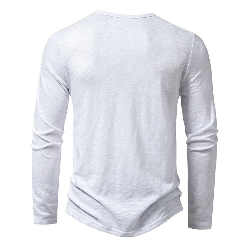 Black men's slim fit long sleeve Henley top, perfect for modern casual everyday style.