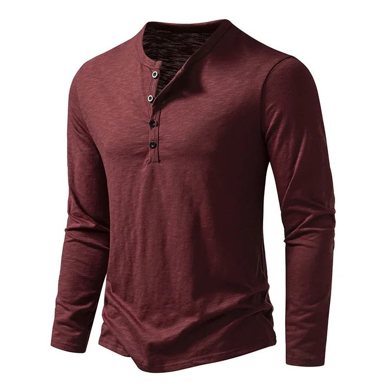 Men's classic long sleeve Henley shirt in beige, featuring a slim fit and button placket.