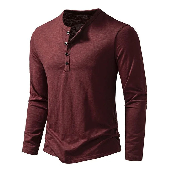 Men's classic long sleeve Henley shirt in beige, featuring a slim fit and button placket.