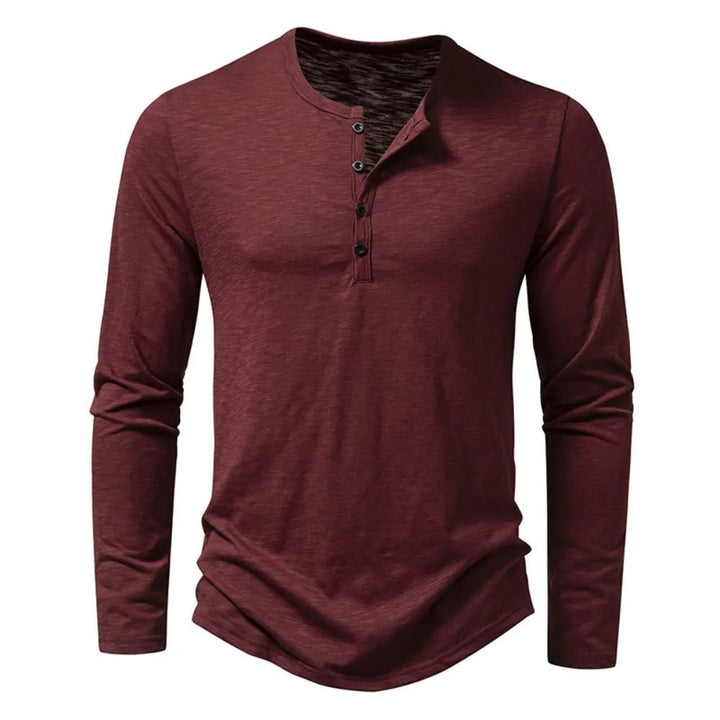 White men's slim fit Henley shirt, a versatile long sleeve wardrobe essential for men.