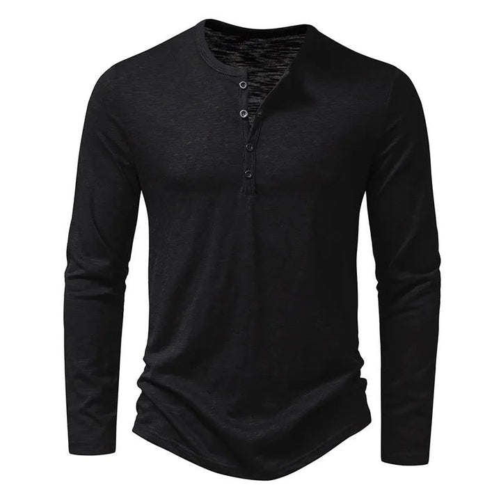 Black men's long sleeve slim fit Henley shirt, an essential for everyday casual fashion.
