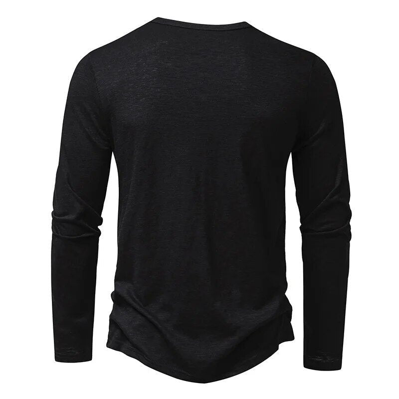 Men's beige slim fit Henley shirt, a classic long sleeve top for effortless everyday style.