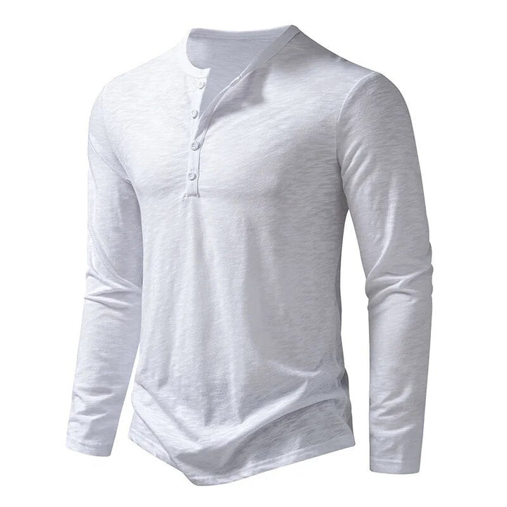 Army green long sleeve Henley, men's slim fit top, ideal for casual and versatile fashion.