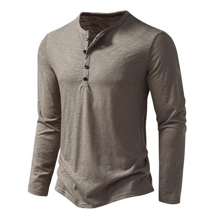 Army green men's slim fit Henley, a versatile long sleeve top for casual wear.