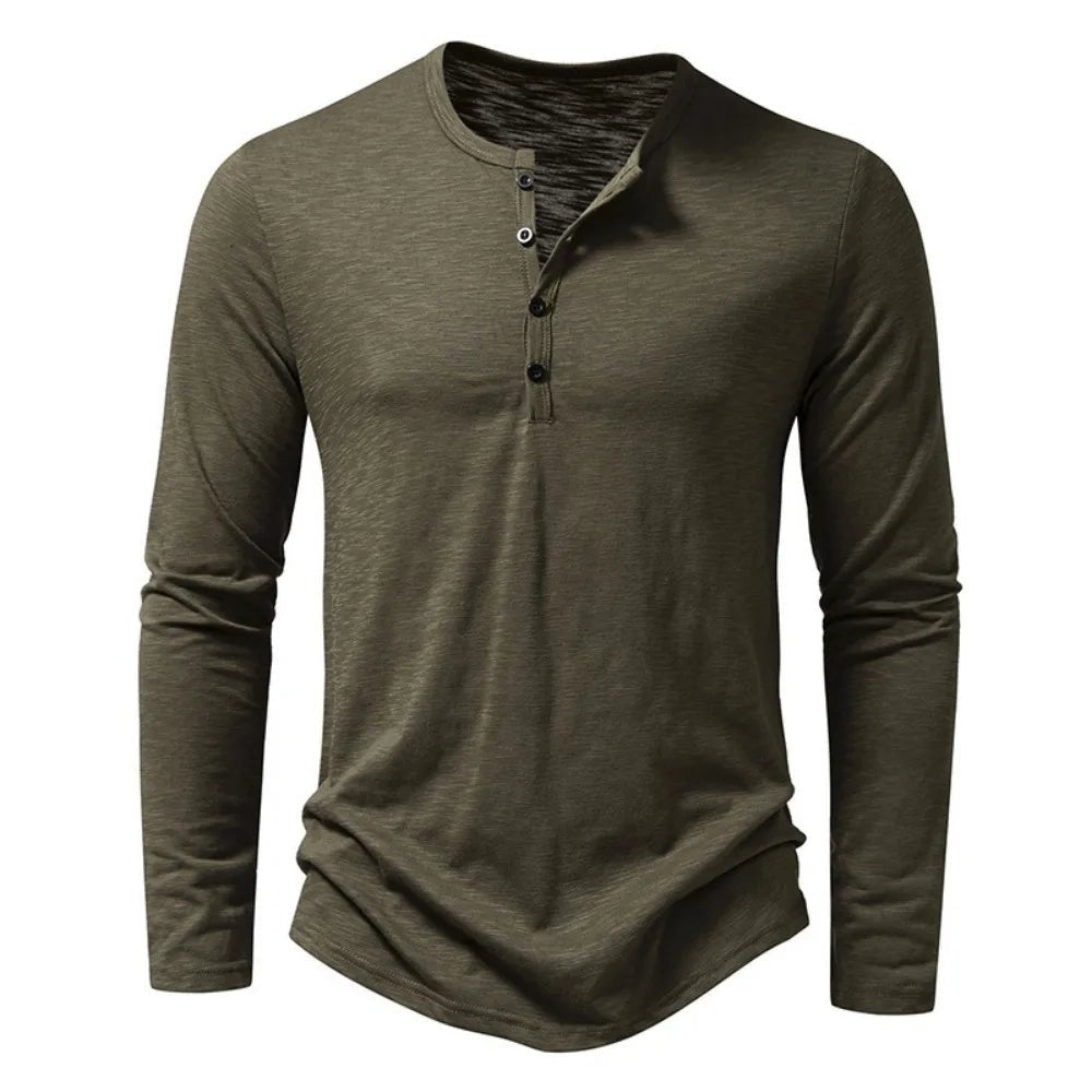 Burgundy men's slim fit long sleeve Henley top, ideal for everyday casual fashion.