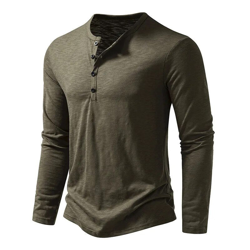 Black men's classic Henley shirt, a wardrobe essential slim fit long sleeve top.