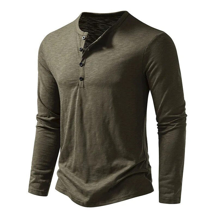 Black men's classic Henley shirt, a wardrobe essential slim fit long sleeve top.
