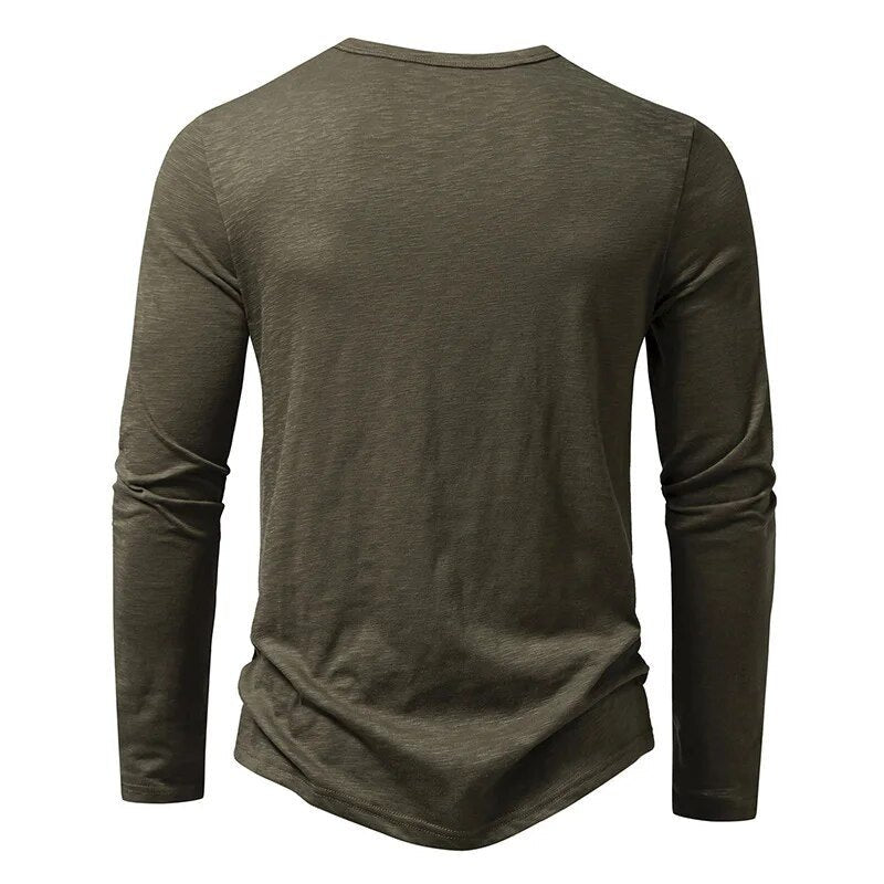 Men's slim fit long sleeve Henley in beige, showcasing its comfortable everyday style.