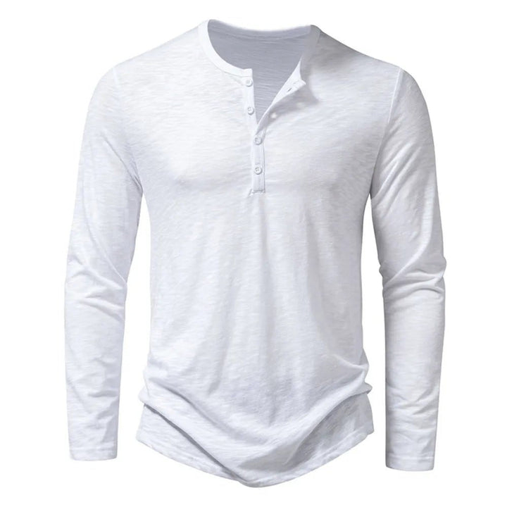 Burgundy men's classic slim fit Henley shirt, a long sleeve casual wear wardrobe essential.