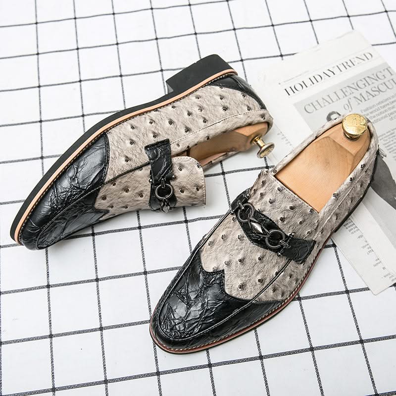 Front view of men's classic black slip-on dress loafers, showcasing timeless style & quality.