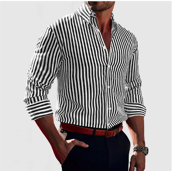 Slim fit men's striped button-down shirt. Long-sleeve design, ideal for everyday fashion and business casual looks.