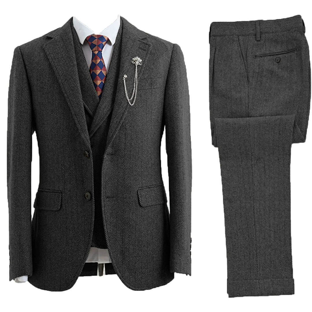 Men's classic tailored fit 3-piece herringbone suit, perfect for business, weddings, and formal events.
