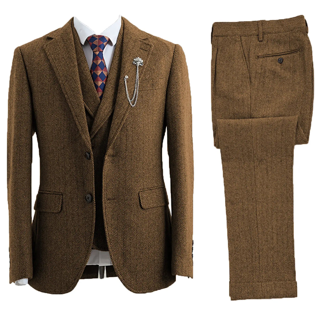 Men's 3-piece herringbone suit jacket open, revealing a matching vest & classic tailored fit. Ideal for events.