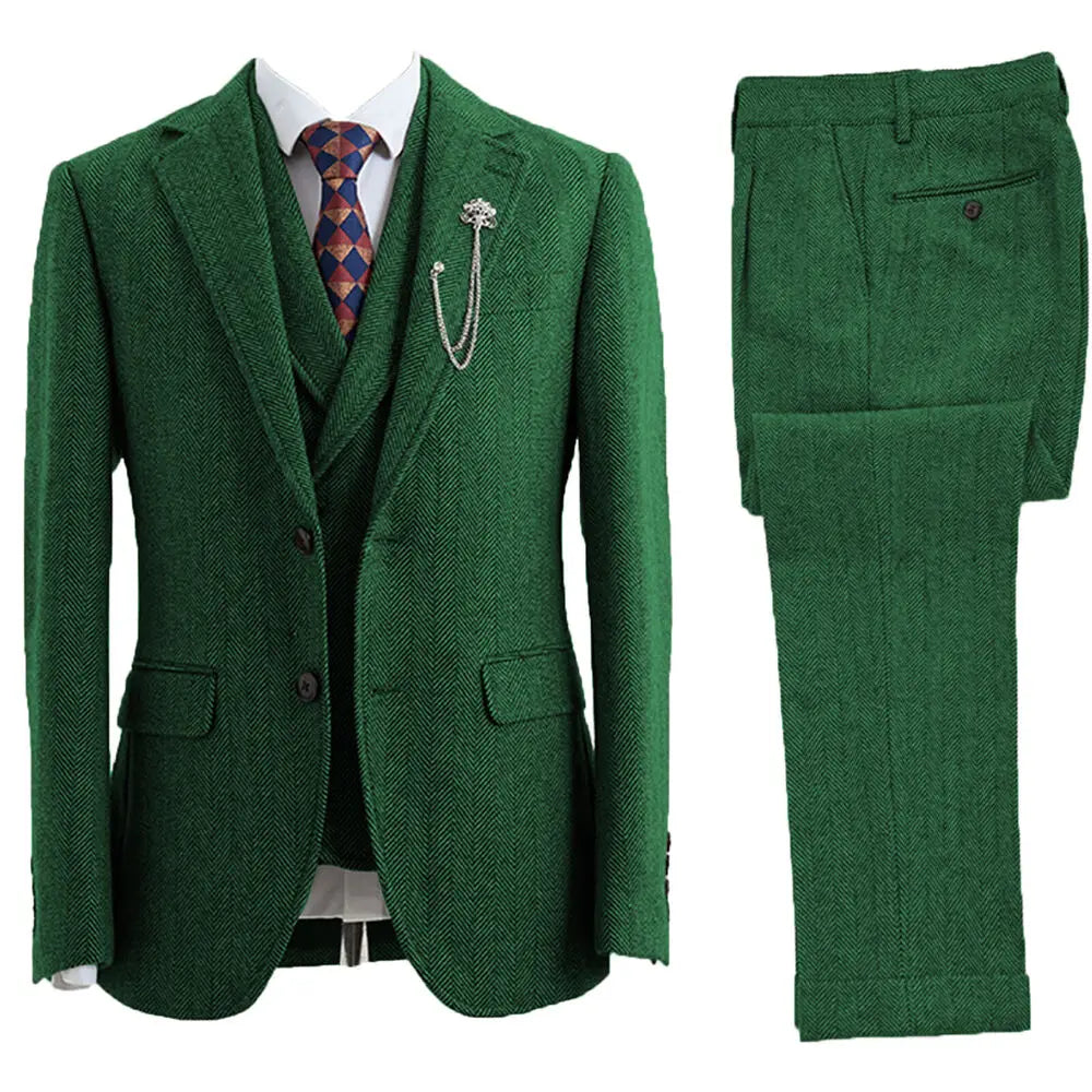 Men's Leonard 3-piece herringbone suit on a hanger, featuring classic style and tailored fit for formal wear.