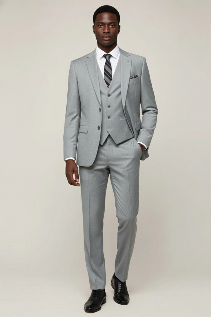 Sophisticated men's three-piece suit, a classic tailored fit for formal wear, wedding suits, business or gala outfits.