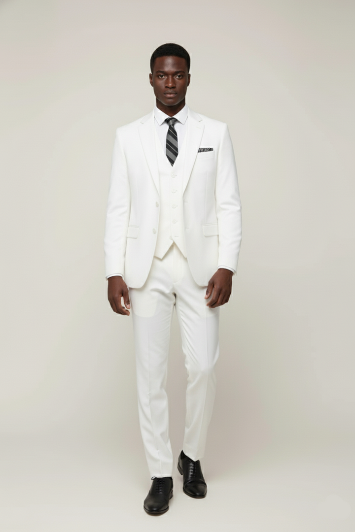 Stylish men's three-piece suit. Tailored classic formal wear, ideal for weddings, business attire, and elegant occasions.