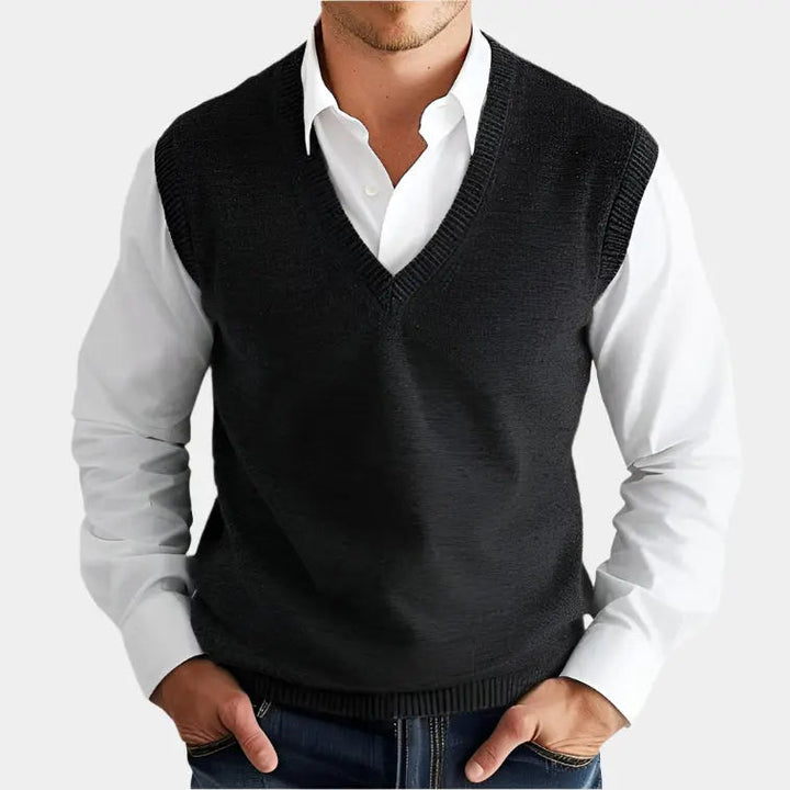 Men's classic V-neck knit vest, ideal for smart casual layering.