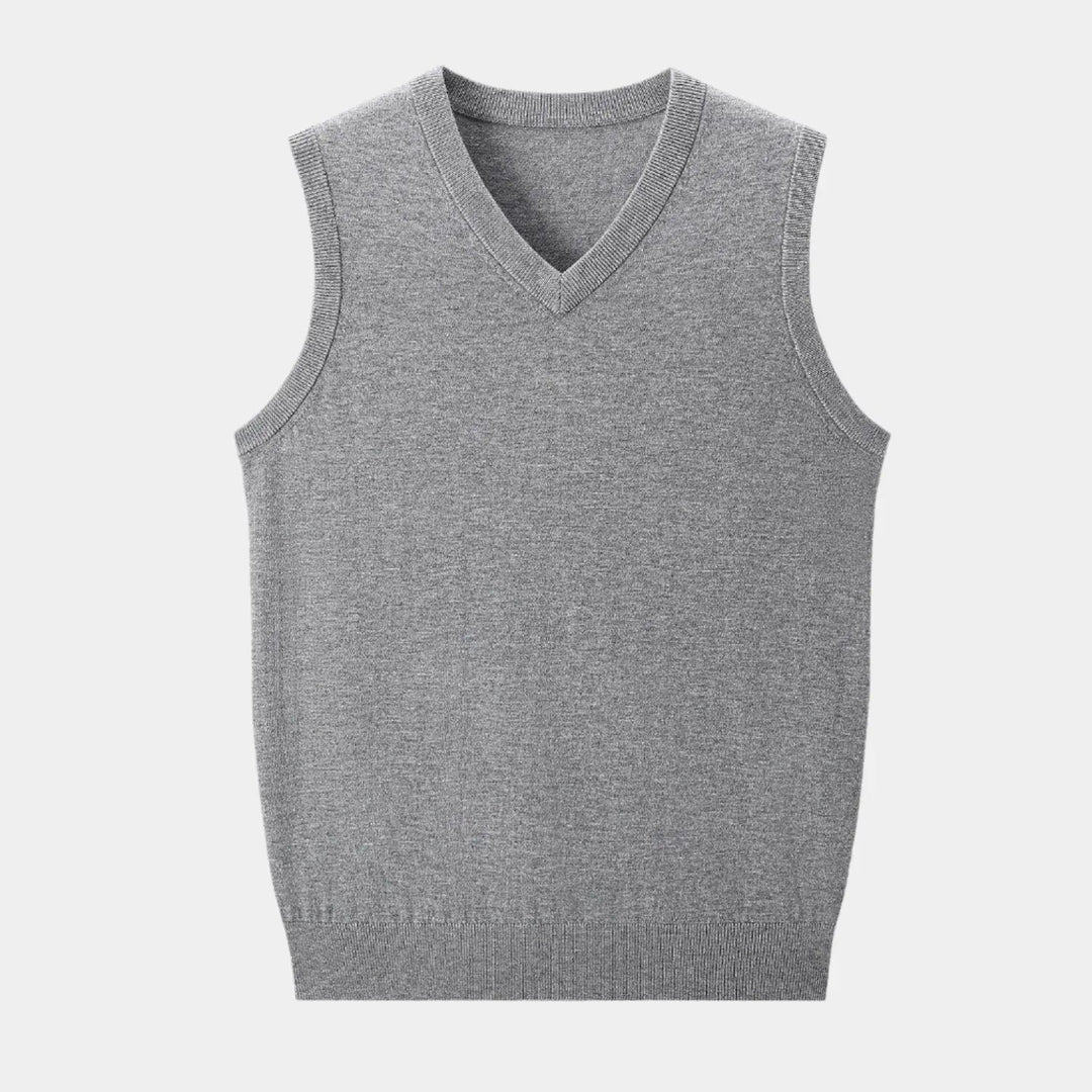 Comfortable men's knit vest with V-neck, essential for office & sophisticated layering.