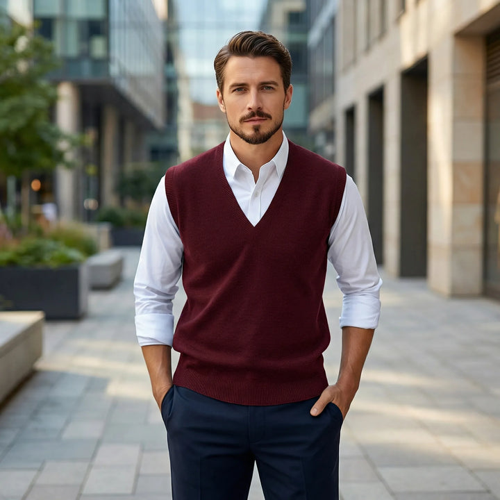 Men's classic V-neck sleeveless pullover vest for polished layering. Ideal for smart casual or semi-formal wear.