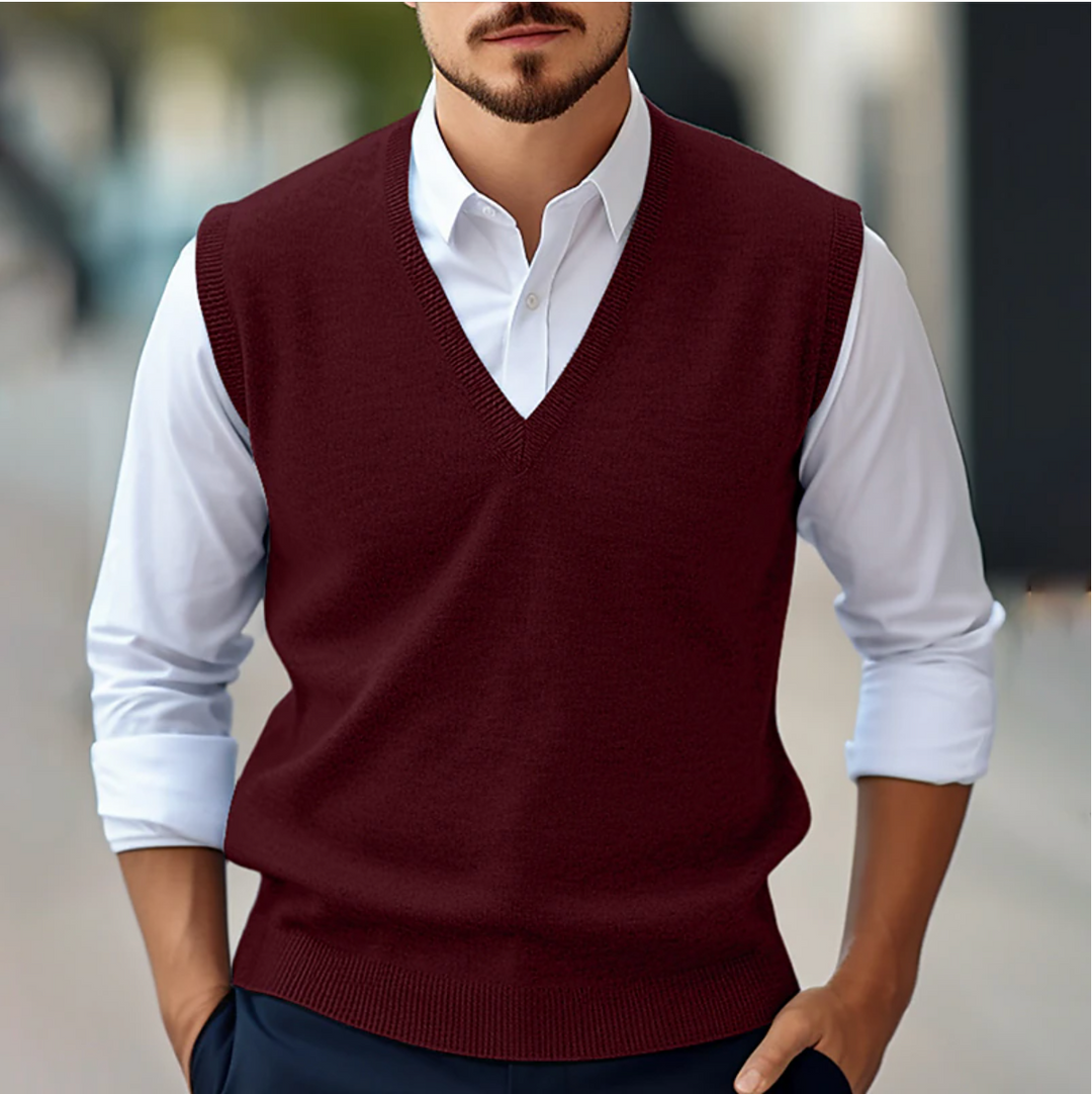 Men's semi-formal V-neck vest, adding a polished touch to dress shirts. A classic layering piece.
