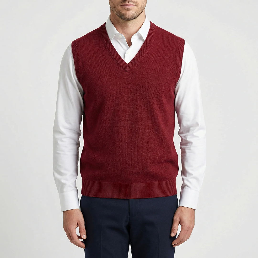 Comfortable men's V-neck sleeveless pullover vest in classic style. Essential for everyday smart casual fashion.