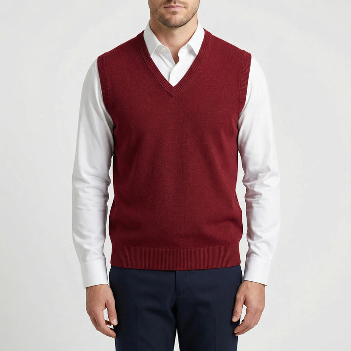 Comfortable men's V-neck sleeveless pullover vest in classic style. Essential for everyday smart casual fashion.
