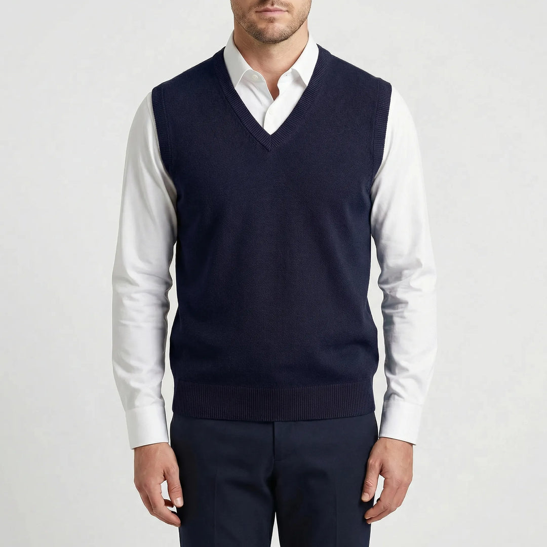 Modern classic men's sleeveless V-neck vest, an essential layering piece for contemporary fashion.