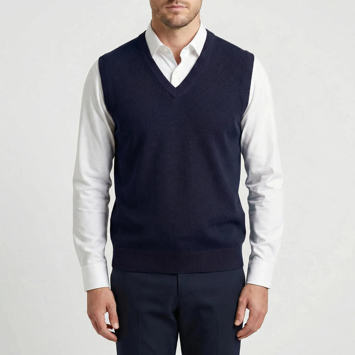 Modern classic men's sleeveless V-neck vest, an essential layering piece for contemporary fashion.
